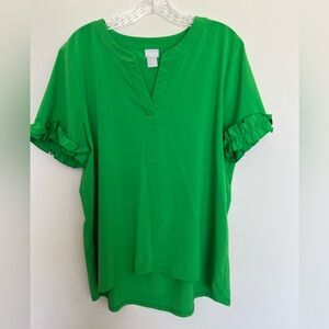 Chico's Vibrant Green Blouse with Ruffle Detail Size 2 (L)